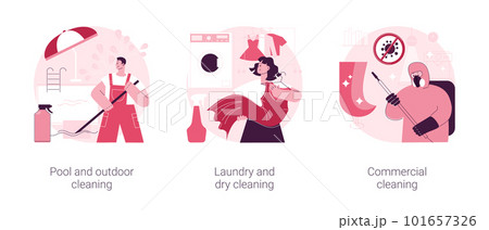 Laundry and cleaning facilities abstract concept vector illustration set. Pool and outdoor cleanup, laundry and dry cleaning, office maintenance, power washing, patio polishing abstract metaphor. Laundry and cleaning facilities abstract concept vector illustration set. Pool and outdoor cleanup, laundry and dry cleaning, office maintenance, power washing, patio polishing abstract metaphor. 101657326