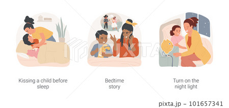 Bedtime rituals for kids isolated cartoon vector illustration set. Kissing a child before sleep, listen bedtime story, parent tell fairy tale, turns on the night light, childhood vector cartoon. Bedtime rituals for kids isolated cartoon vector illustration set. Kissing a child before sleep, listen bedtime story, parent tell fairy tale, turns on the night light, childhood vector cartoon. 101657341
