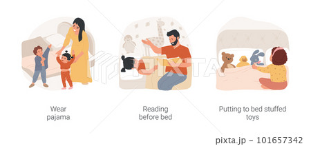 Kids bedtime rituals isolated cartoon vector illustration set. Wear favorite pajama, kid put on pajama, ready for bedtime, reading fairy tale before bed, put soft toys to sleep vector cartoon. 101657342