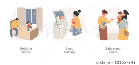 Sleep training isolated cartoon vector illustration set. Bedtime battle, toddler refuse to go to bed, watching how-to training video, baby sleep coach, consultant, calm down problem vector cartoon. Sleep training isolated cartoon vector illustration set. Bedtime battle, toddler refuse to go to bed, watching how-to training video, baby sleep coach, consultant, calm down problem vector cartoon. 101657343