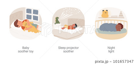 Baby bedtime isolated cartoon vector illustration set. Infant lying with plush warm soother, sleep projector soother, starlight projection, musical toy, calming night light lamp vector cartoon. 101657347