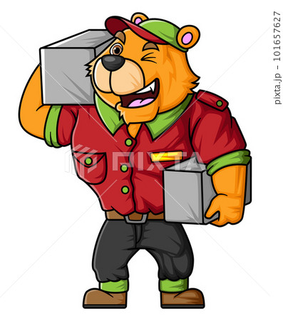 the character of a big tiger wears a worker's uniform costume working as a package delivery worker of illustration 101657627