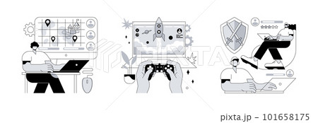 E-gaming industry abstract concept vector illustration set. Strategy online games, pc action game, MMORPG multiplayer, real-time battle arena, player avatar, console controller abstract metaphor. 101658175