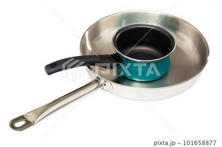 Stainless frying pan and blue non-stick saucepan on white 101658877