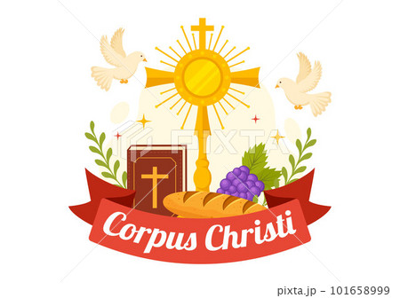 Corpus Christi Catholic Religious Holiday Vector Illustration with Feast Day, Cross, Bread and Grapes in Flat Cartoon Hand Drawn Poster Templates 101658999