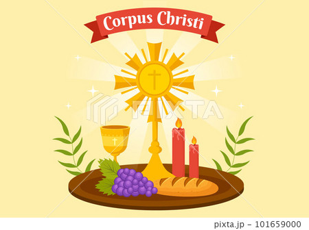 Corpus Christi Catholic Religious Holiday Vector Illustration with Feast Day, Cross, Bread and Grapes in Flat Cartoon Hand Drawn Poster Templates 101659000
