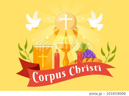 Corpus Christi Catholic Religious Holiday Vector Illustration with Feast Day, Cross, Bread and Grapes in Flat Cartoon Hand Drawn Poster Templates Corpus Christi Catholic Religious Holiday Vector Illustration with Feast Day, Cross, Bread and Grapes in Flat Cartoon Hand Drawn Poster Templates 101659006