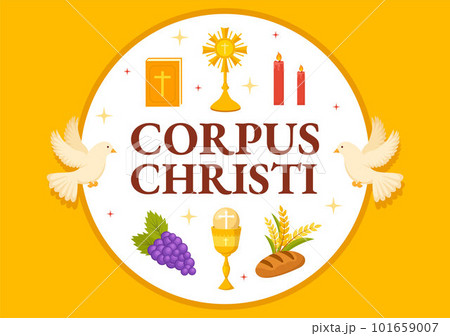 Corpus Christi Catholic Religious Holiday Vector Illustration with Feast Day, Cross, Bread and Grapes in Flat Cartoon Hand Drawn Poster Templates Corpus Christi Catholic Religious Holiday Vector Illustration with Feast Day, Cross, Bread and Grapes in Flat Cartoon Hand Drawn Poster Templates 101659007