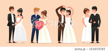 Set of Bride in white dress and Groom in suit. Couple wedding vector illustration 101659385