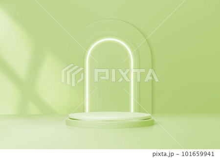 Pistachio podium with arch for product display background, vector round stand. Green podium base platform with arch light on wall, studio scene or showcase pedestal stage with window shadow 101659941