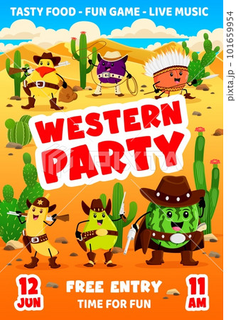 Kids western party flyer, cartoon cowboy, sheriff and robber fruits characters. Vector invitation poster with funny quince, plum, orange and banana, pear or watermelon Wild west personages in desert 101659954