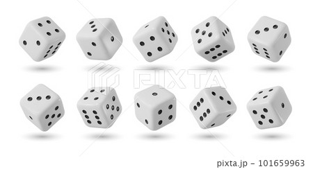 Realistic dices, 3d gamble game cubes. Isolated vector object for gambling and board games. White cubes with random numbers and black pips on facet, for casino, craps and poker, tabletop or boardgames 101659963