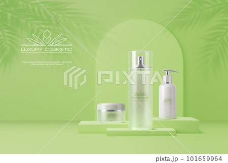 Light green cosmetics podium with bamboo and palm leaves shadow on wall. Vector background with natural moisturizing cosmetic bottles. Showcase with cream jar and tubes with face or skin care products Light green cosmetics podium with bamboo and palm leaves shadow on wall. Vector background with natural moisturizing cosmetic bottles. Showcase with cream jar and tubes with face or skin care products 101659964
