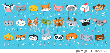 Cartoon carnival party animal masks. Vector cow, cat, chick and pig, sheep, rooster or monkey. Dog, frog, giraffe and deer, zebra, mouse or duck. Tiger, penguin, rabbit and lion with elephant or bear Cartoon carnival party animal masks. Vector cow, cat, chick and pig, sheep, rooster or monkey. Dog, frog, giraffe and deer, zebra, mouse or duck. Tiger, penguin, rabbit and lion with elephant or bear 101659979