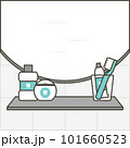 mirror, sink and shelf with toothbrush, toothpaste, floss and mouthwash in the bathroom - dental cartoon vector flat style 101660523