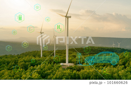 Green hydrogen gas production at wind farm. Sustainable renewable energy. Electric car filling H2 at hydrogen fueling station. H2 Fuel cell vehicle. Net zero emission. Future energy. Green technology Green hydrogen gas production at wind farm. Sustainable renewable energy. Electric car filling H2 at hydrogen fueling station. H2 Fuel cell vehicle. Net zero emission. Future energy. Green technology 101660626