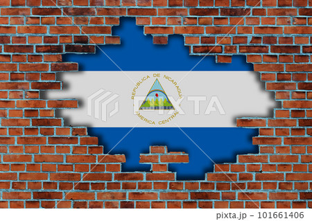 3D Flag of Nicaragua behind the broken old stone wall background. 3D Flag of Nicaragua behind the broken old stone wall background. 101661406