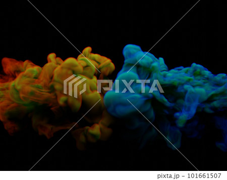Puffs of red yellow blue smoke on a black background. 3d illustration. 101661507