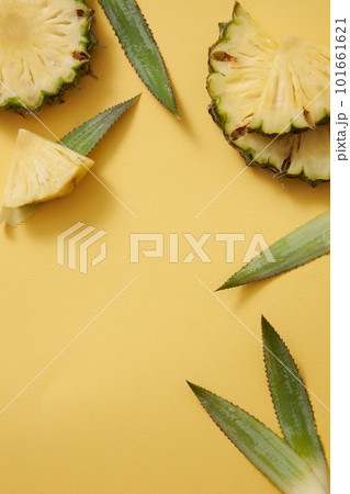 Beauty frame with fresh pineapple (Ananas comosus) slices and green leaves decorated on yellow background. Empty space for text and design. Natural beauty concept, product of pineapple extract. 101661621