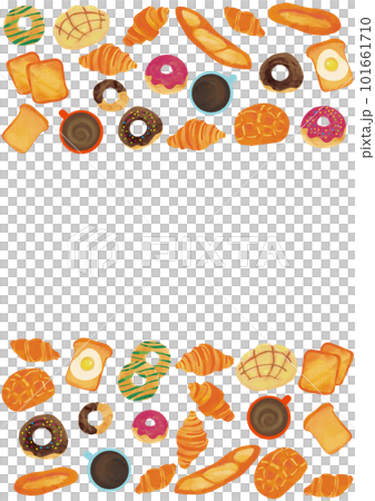 Watercolor touch freshly baked bread, donuts and coffee frame vertical 101661710