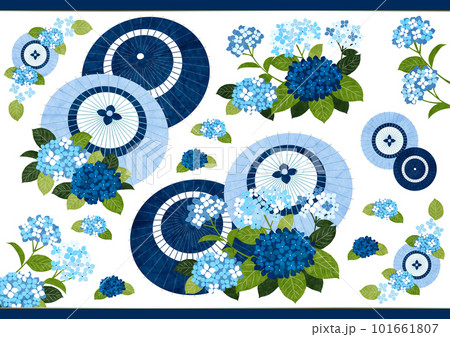和紙水彩風青あじさいと和傘のアイコンセット 和紙水彩風青あじさいと和傘のアイコンセット 101661807