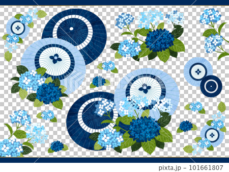 和紙水彩風青あじさいと和傘のアイコンセット 和紙水彩風青あじさいと和傘のアイコンセット 101661807