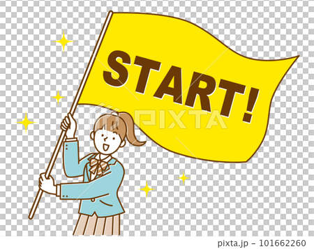 Female high school student waving a big start flag Female high school student waving a big start flag 101662260