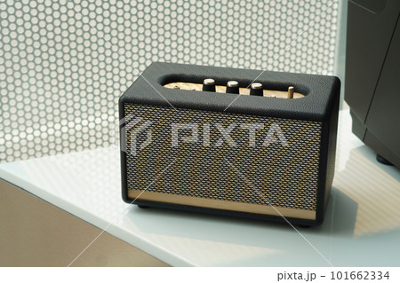 top view gold and black electric radio on white marble floor background, wall steel mesh background, technology, object, decor, music, modern, gift, fashion, copy space top view gold and black electric radio on white marble floor background, wall steel mesh background, technology, object, decor, music, modern, gift, fashion, copy space 101662334
