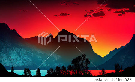 Generative AI, Silhouettes and Shadows: A Dramatic Mountain Sunset Generative AI, Silhouettes and Shadows: A Dramatic Mountain Sunset 101662522
