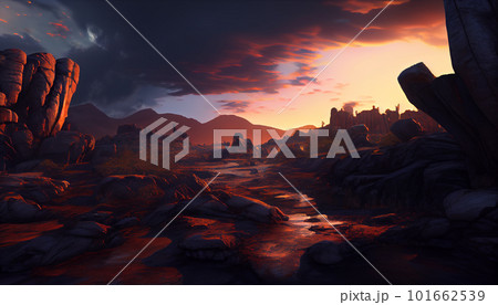 Generative AI, Layers of Light: A Vibrant Mountain Range at Sunset 101662539