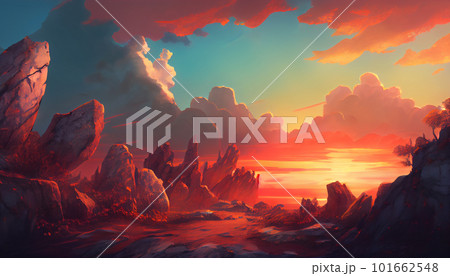 Generative AI, Layers of Light: A Vibrant Mountain Range at Sunset Generative AI, Layers of Light: A Vibrant Mountain Range at Sunset 101662548