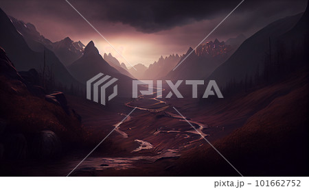 Generative AI, Moody Mountains: An Atmospheric Sunset Landscape 101662752