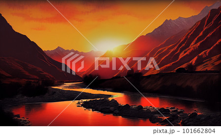 Generative AI, Sunset Spectrum: A Mountain Range Transitioning into Night 101662804