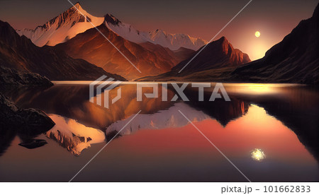 Generative AI, Sunset Spectrum: A Mountain Range Transitioning into Night Generative AI, Sunset Spectrum: A Mountain Range Transitioning into Night 101662833