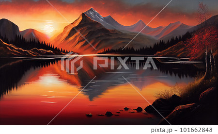 Generative AI, Sunset Spectrum: A Mountain Range Transitioning into Night 101662848