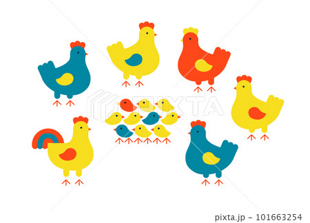 Group of chickens. Hens, rooster, baby chickens. Flat vector illustration isolated on white. 101663254