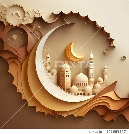 Crescent Islamic Paper Decoration for Ramadan Kareem and Eid Mubarak: Islamic Festival Concept. Generative AI Crescent Islamic Paper Decoration for Ramadan Kareem and Eid Mubarak: Islamic Festival Concept. Generative AI 101663527