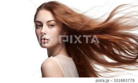 Dynamic Hair: Portrait of a Young Woman Model Posing with Swinging Head Motion. created with Generative AI 101663779