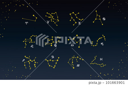 黄道12星座の星座線と手描きシンボルマークの描かれた星空のアイコンイラスト 101663901