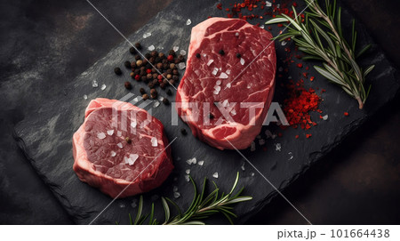 Gourmet Delights: Raw Steaks on Dark Shale Background for Culinary Inspirations. created with Generative AI 101664438