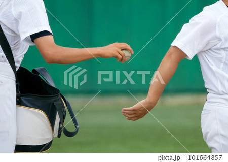 野球の試合前のシートノック中に選手からボールを渡されるノックを打つ前の監督コーチの手元 101664857