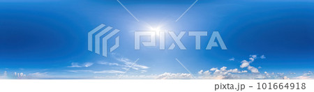 Seamless panorama of sky with light clouds in spherical equirectangular format with complete zenith for use in 3D graphics, game and for composites in aerial drone 360 degree panoramas as a sky dome. Seamless panorama of sky with light clouds in spherical equirectangular format with complete zenith for use in 3D graphics, game and for composites in aerial drone 360 degree panoramas as a sky dome. 101664918