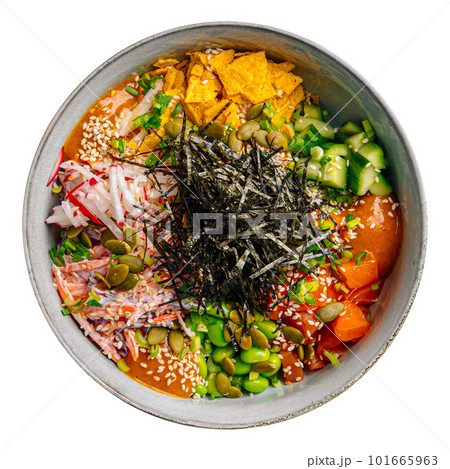 Isolated portion of salmon poke bowl 101665963