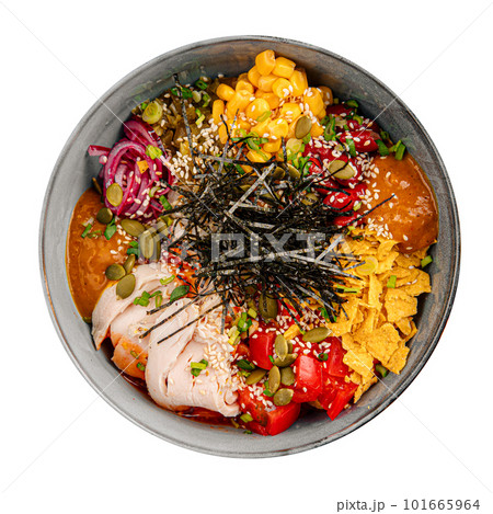 Isolated portion of sous vide chicken poke bowl 101665964