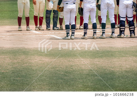 野球の試合で両チームが整列して挨拶する選手たち 101666238