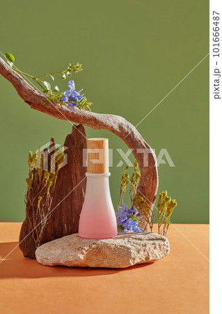 A stone with an empty label jar in pink color placed on, decorated with trees and flowers. Mugwort (Artemisia vulgaris) helps removing dirt and grime from the skin A stone with an empty label jar in pink color placed on, decorated with trees and flowers. Mugwort (Artemisia vulgaris) helps removing dirt and grime from the skin 101666487