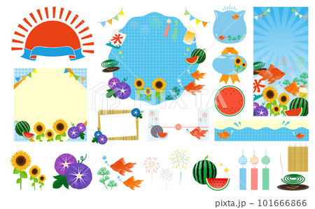 ポップで可愛い 夏イメージのイラストとサマーフレームコレクションセット_水色 ポップで可愛い 夏イメージのイラストとサマーフレームコレクションセット_水色 101666866