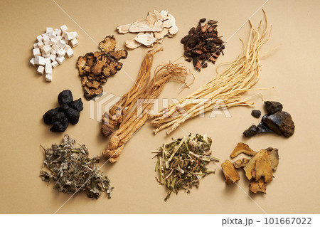 Top view of ancient Chinese herbs on light brown background. Advertising scene for health care products, derived from natural herbs Top view of ancient Chinese herbs on light brown background. Advertising scene for health care products, derived from natural herbs 101667022