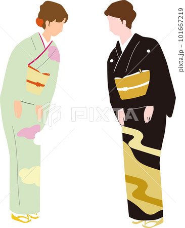 お辞儀をする礼装（正装、留袖、訪問着）の着物女性のベクターイラスト 101667219