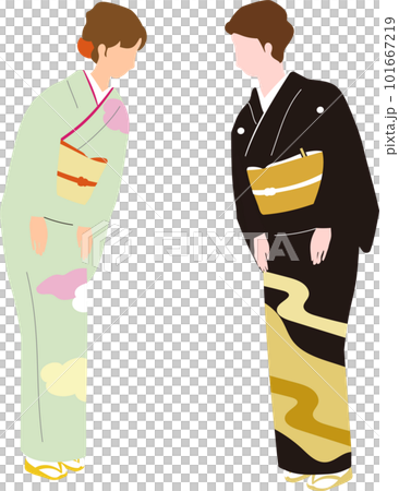 お辞儀をする礼装（正装、留袖、訪問着）の着物女性のベクターイラスト 101667219